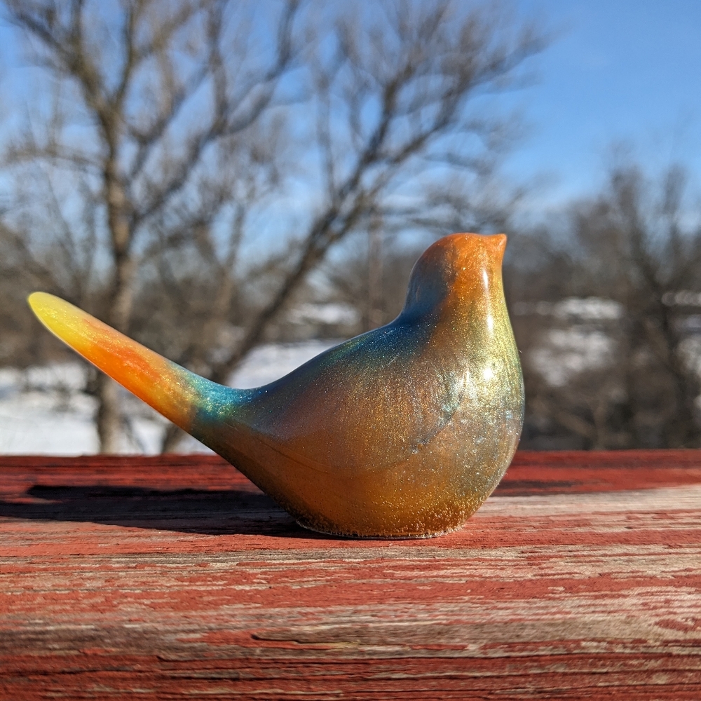 Bird Art Spring Handmade Epoxy Resin Figurine Blue Orange Yellow